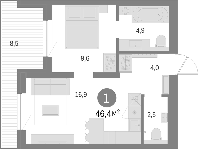 Планировка 1-комнатной квартиры 46,4 м²