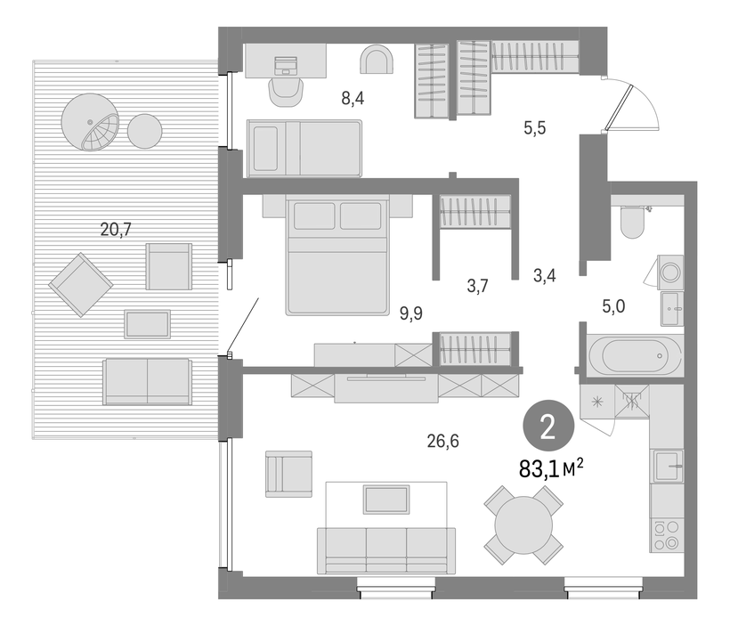 Планировка 2-комнатной квартиры 83,1 м²