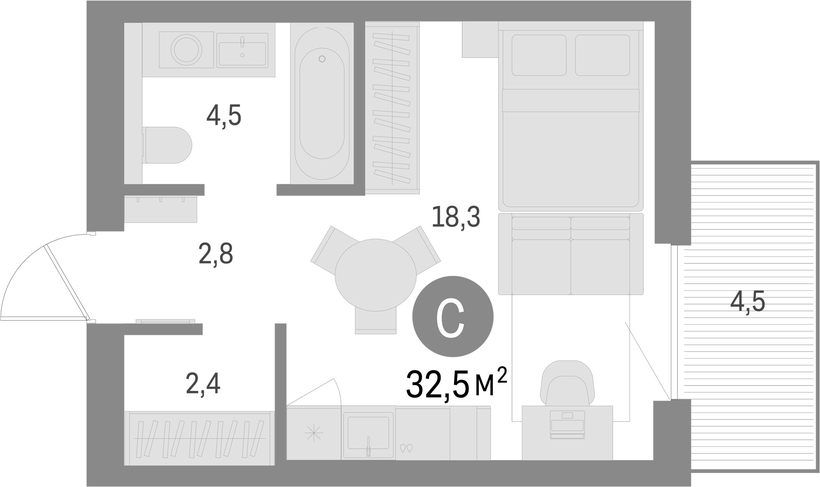 Планировка студии 32,5 м²