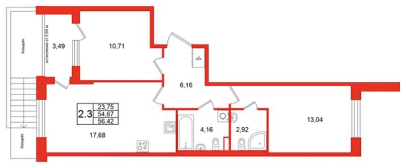 Планировка 3-комнатной квартиры европланировки 56,42 м²