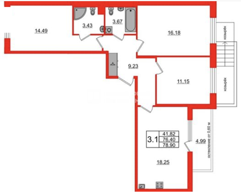 Планировка 3-комнатной квартиры 78,90 м²