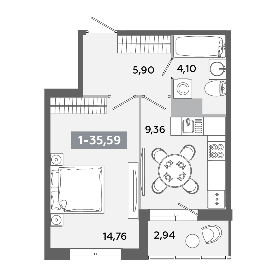 Планировка 1-комнатной квартиры 35,59 м²