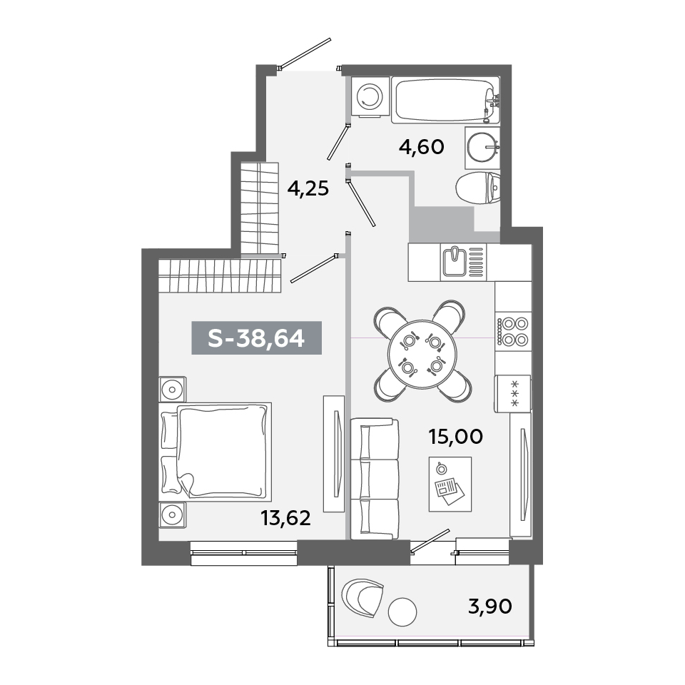 Планировка 2-комнатной квартиры евро 38,64 м²
