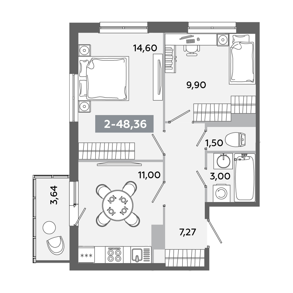 Планировка 2-комнатной квартиры 48,36 м²
