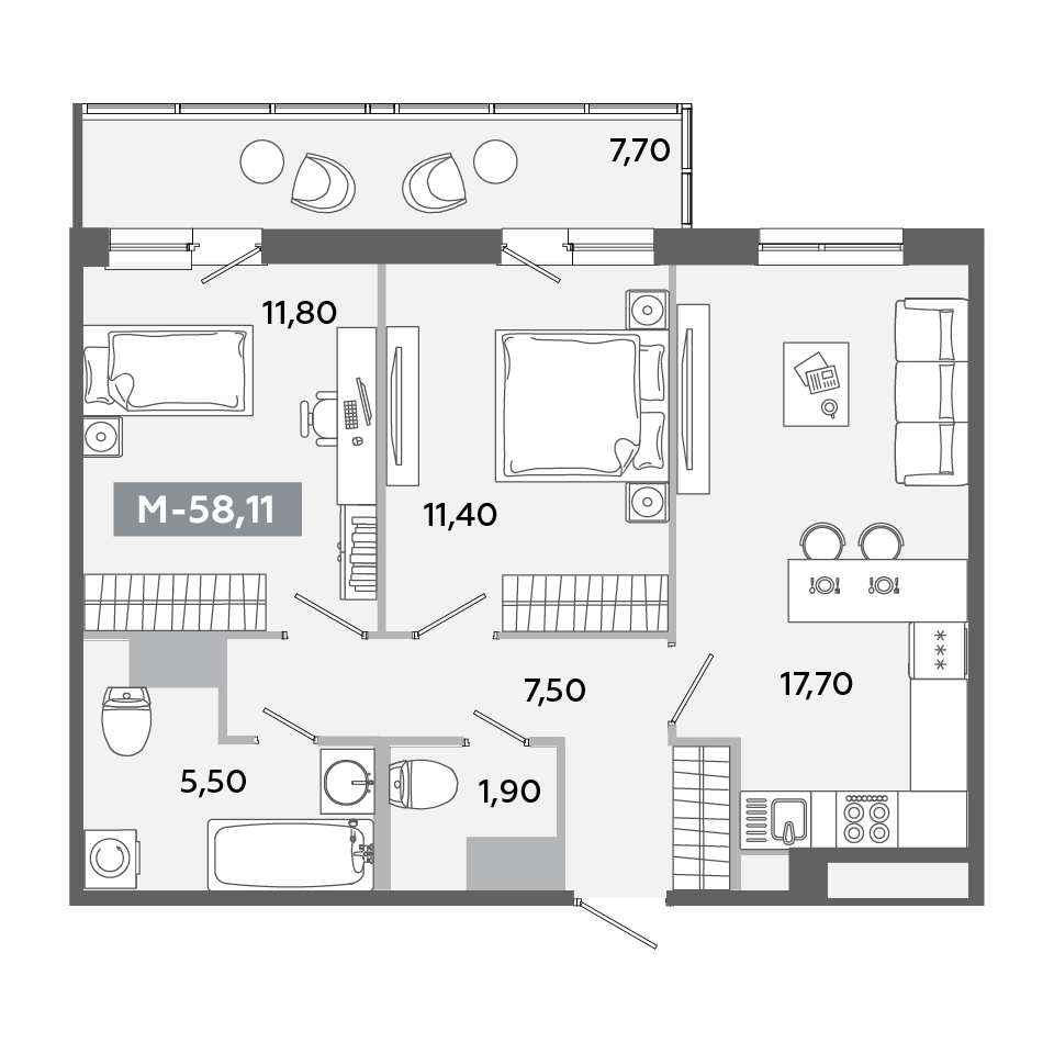 Планировка 3-комнатной квартиры евро 58,11 м²