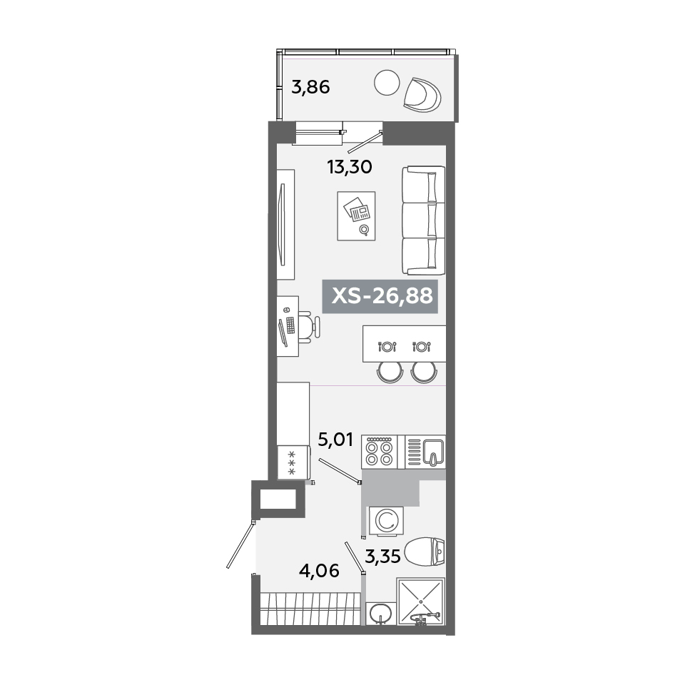 Планировка евростудии 26,88 м²