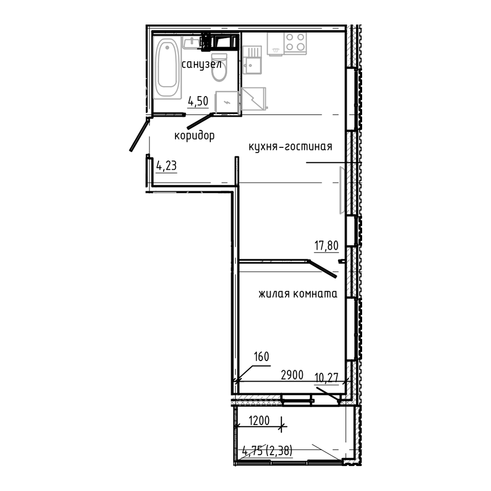 Планировка 2-комнатной евро 39,18 м²