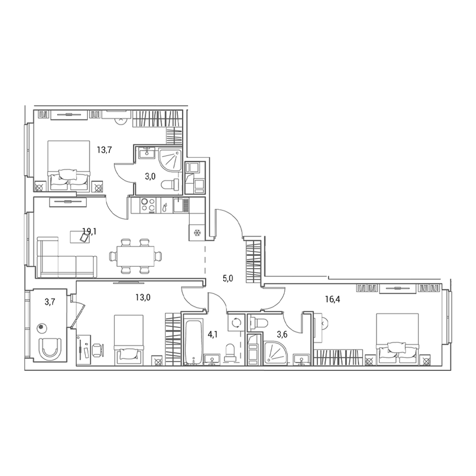 Планировка 4-комнатной евро квартиры 81,6 м²