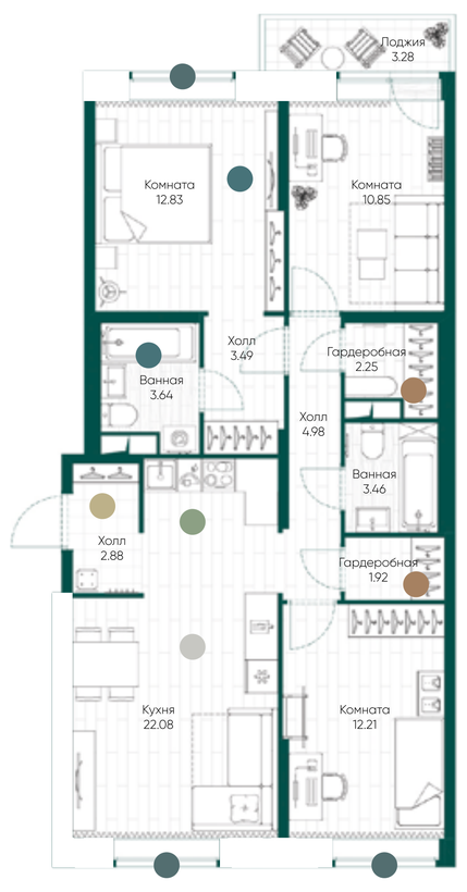Планировка 4-комнатной европланировки 82,23 м²