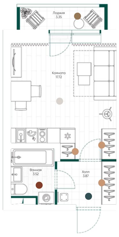 Планировка студии 26,79 м²