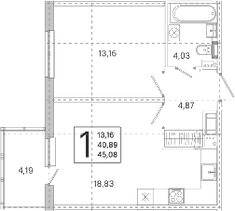 Планировка 2-комнатной евро квартиры 40,89 м²