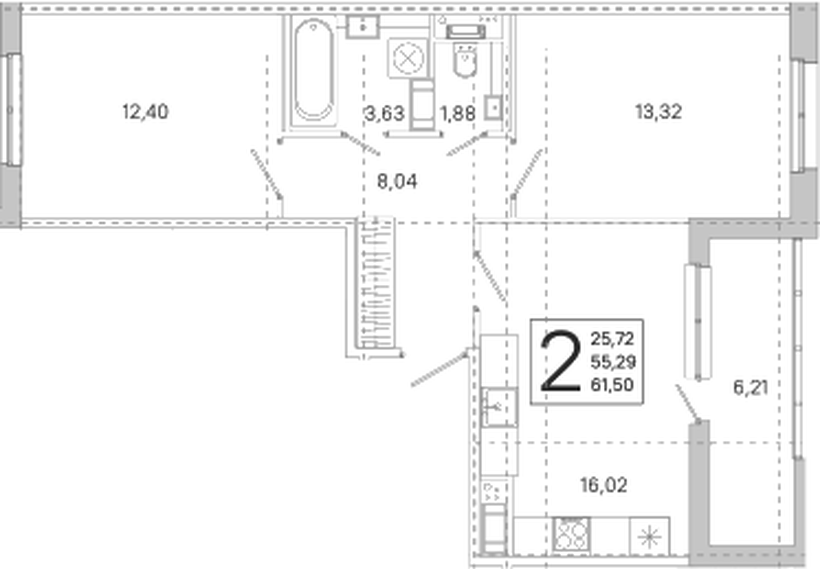 Планировка 2-комнатной квартиры 55,29 м²