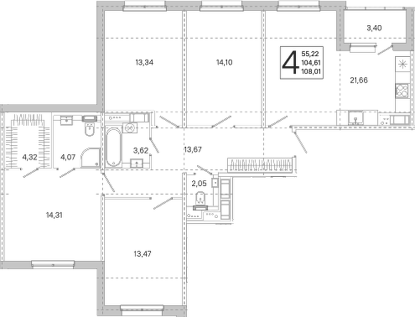 Планировка 4-комнатной квартиры 104,61 м²