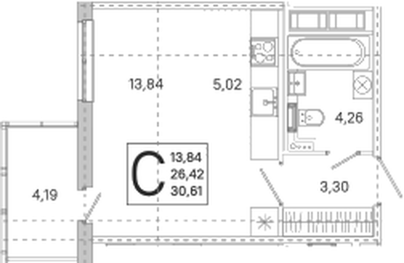 Планировка студии 26,42 м²