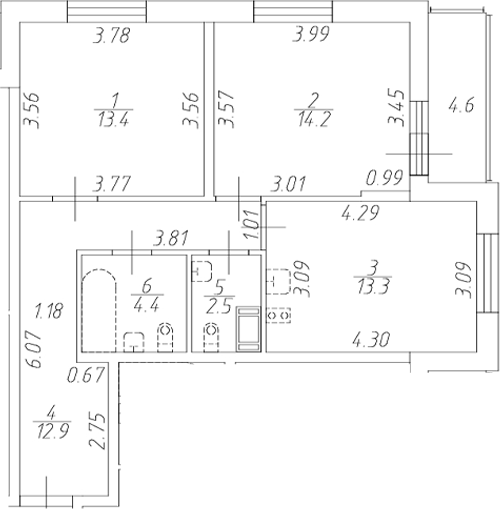Планировка 2-комнатной квартиры 60,7 м²