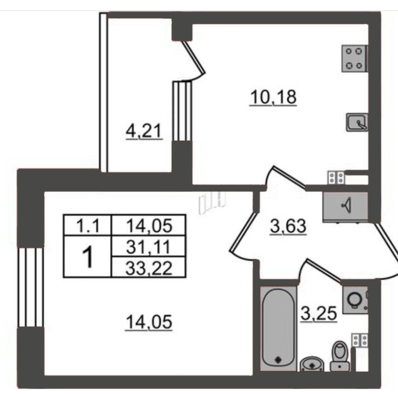 Планировка 1-комнатной квартиры 31,11 м²